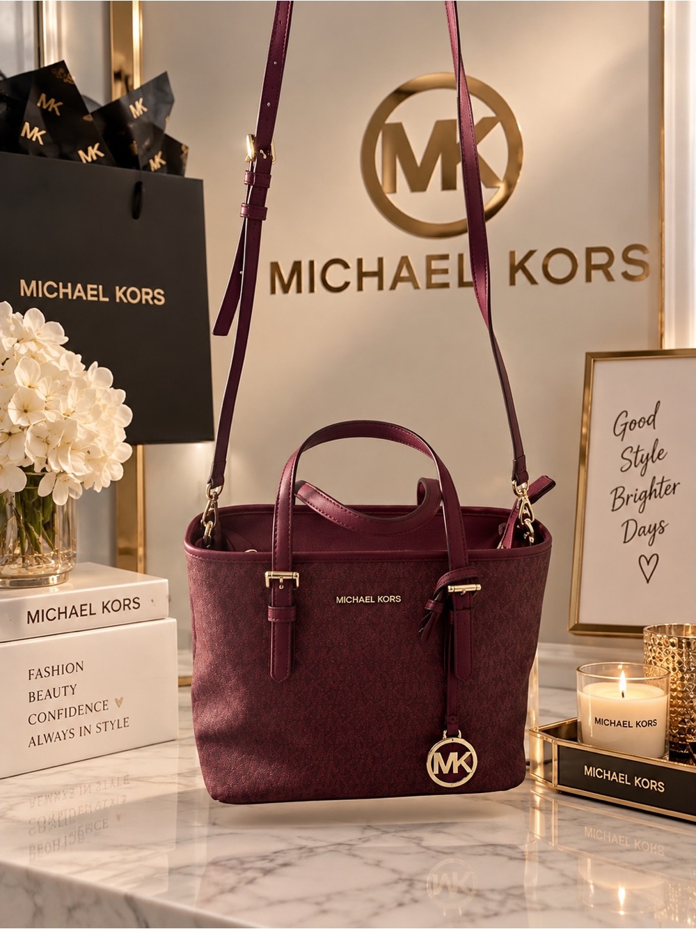 Michael Kors Plum Crossbody Tote with Gold MK Charm